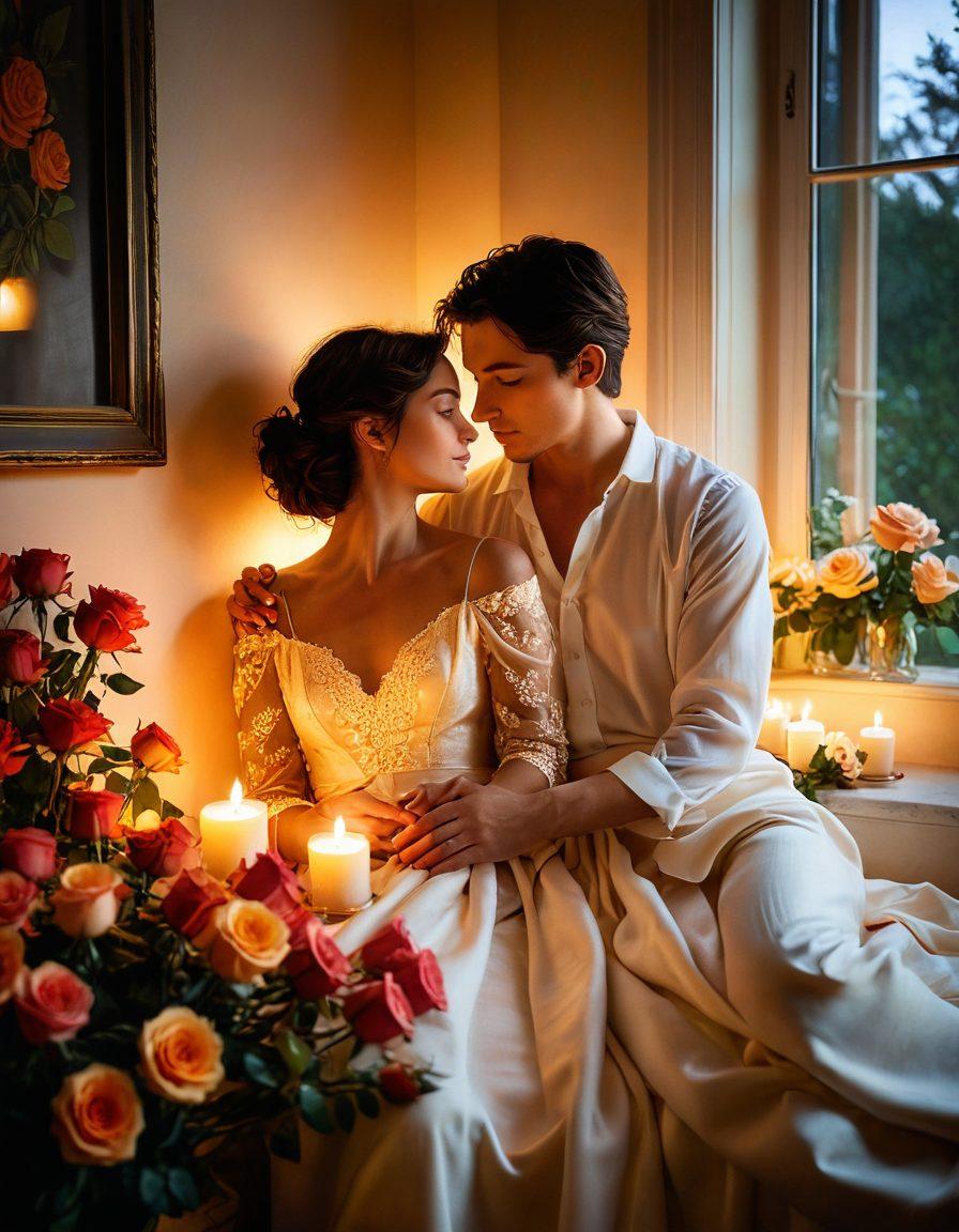 A romantic scene depicting a couple entwined in a soft embrace, surrounded by candlelight and blooming roses, symbolizing intimacy and connection. Warm, inviting colors dominate the atmosphere, with subtle hints of evening light streaming in through a window. Include delicate textures to evoke a sense of closeness and tenderness. artistic style: soft-focus photography. vibrant colors. cozy ambiance.