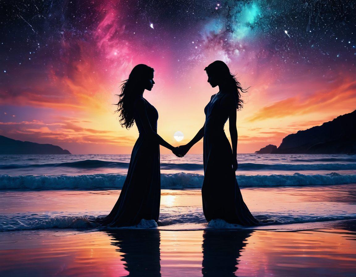A serene yet evocative scene of two intertwined silhouettes against a backdrop of a dreamy starry sky, symbolizing intimacy and connection. The silhouettes are surrounded by soft, flowing waves of vibrant colors that pulse with energy, representing the depth of desire and emotion. Subtle accents of blooming flowers and gentle light play illuminate the atmosphere, enhancing the allure of the moment. surrealistic art. vibrant colors. soft glow.